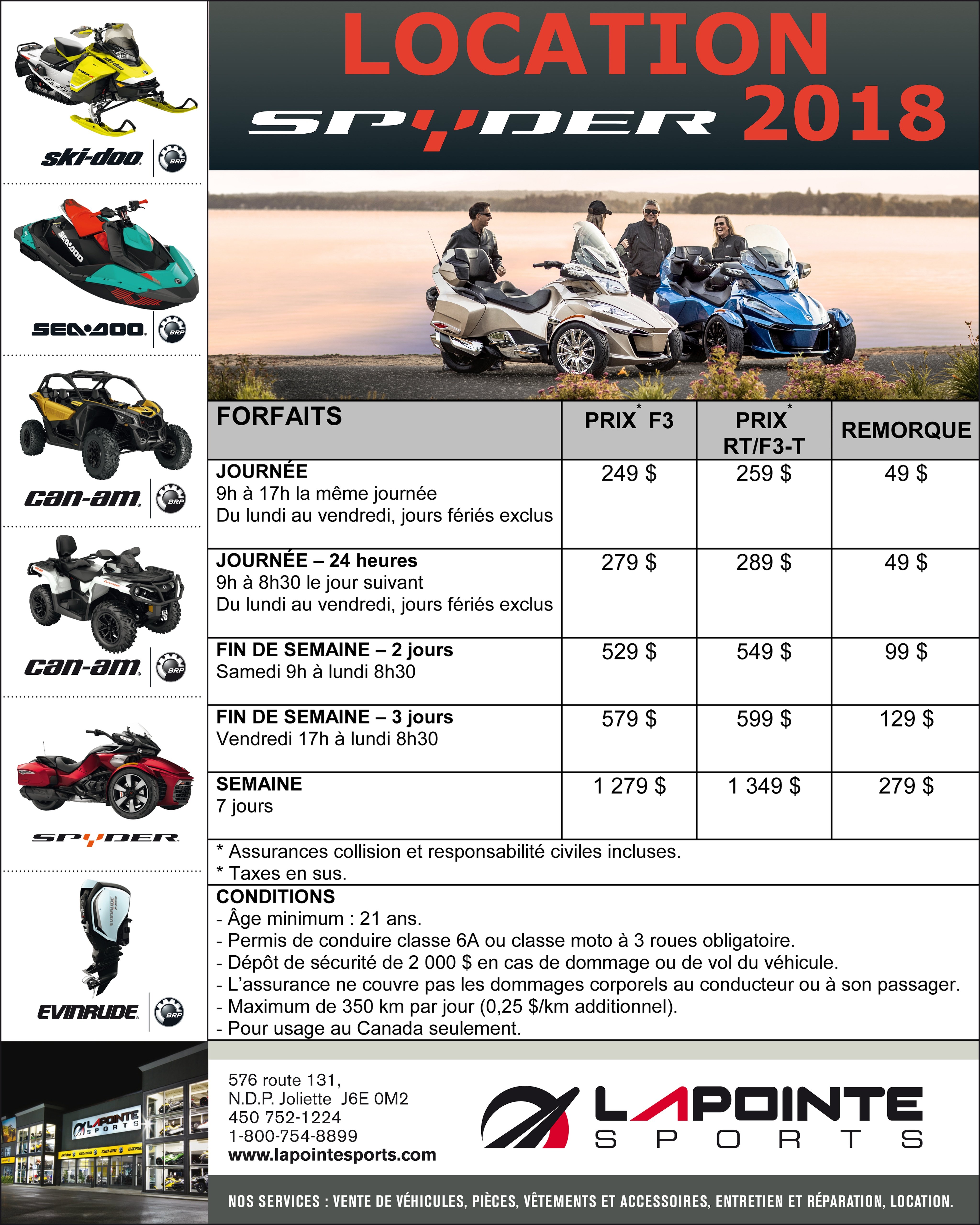 Location Spyder - Tarifs 2018